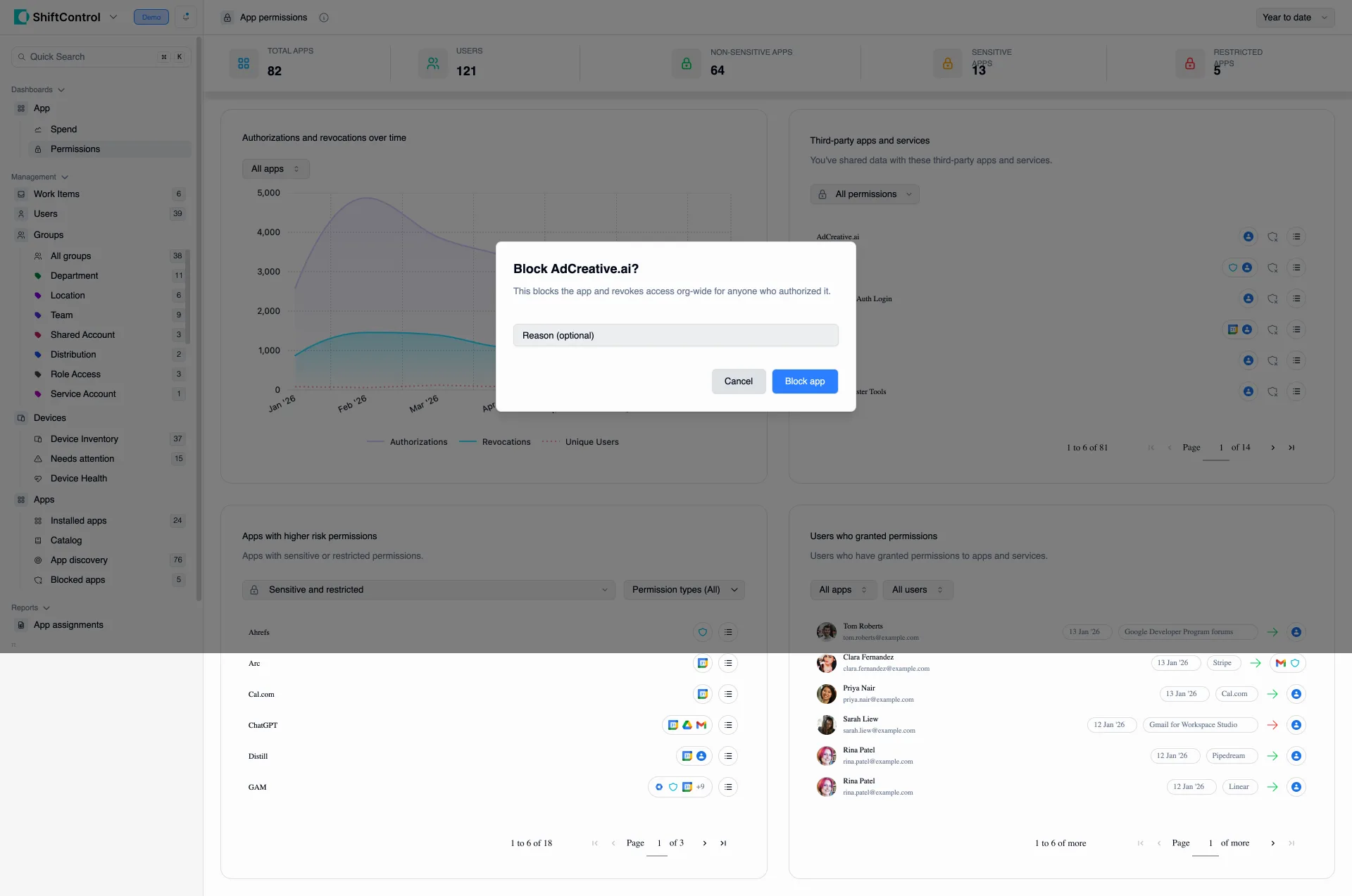 Blocking an app directly from the App Permissions dashboard with a confirmation dialog