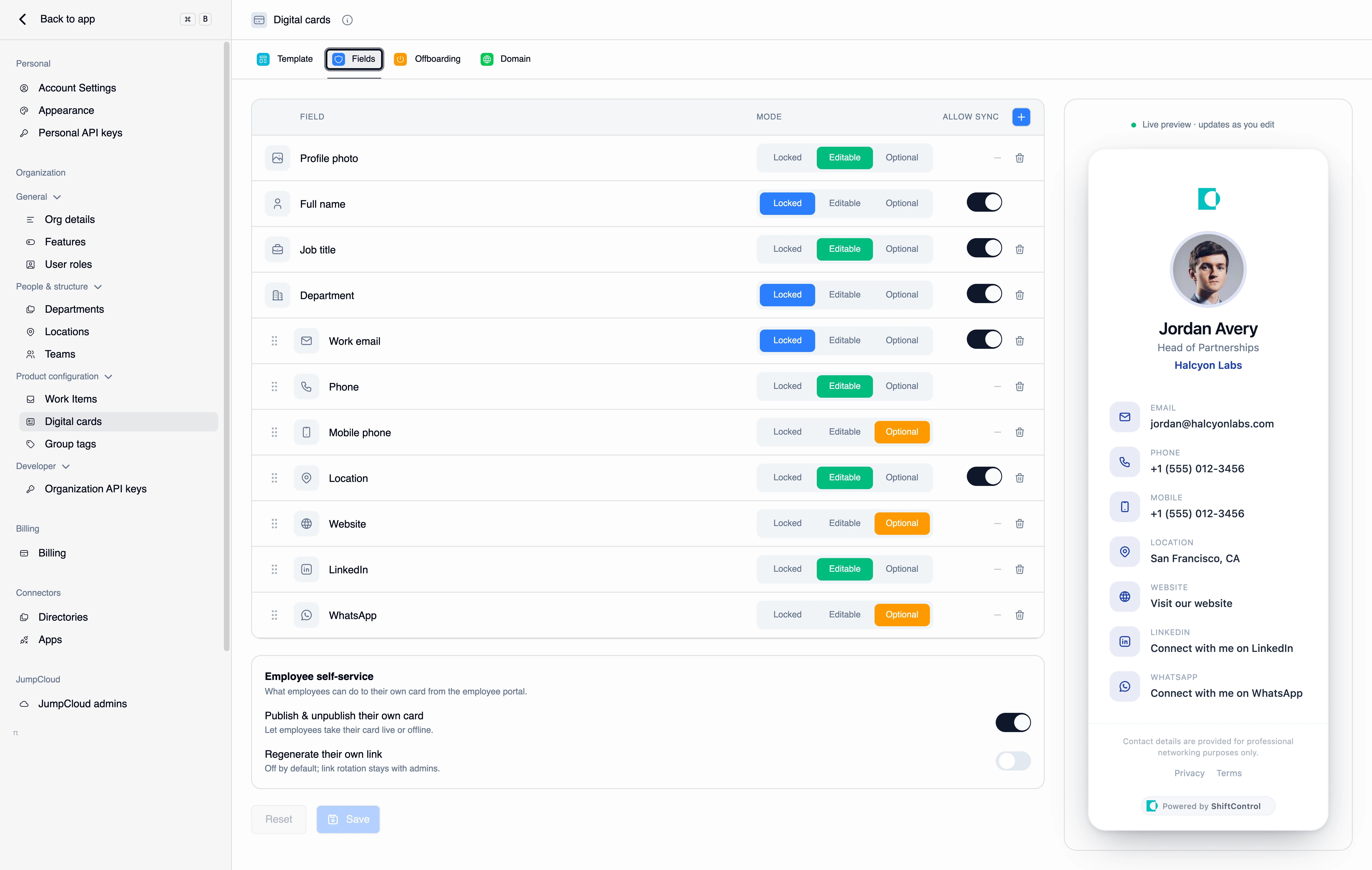The Fields tab showing each card field with its mode set to Locked, Editable, or Optional, sync toggles, and the employee self-service switches