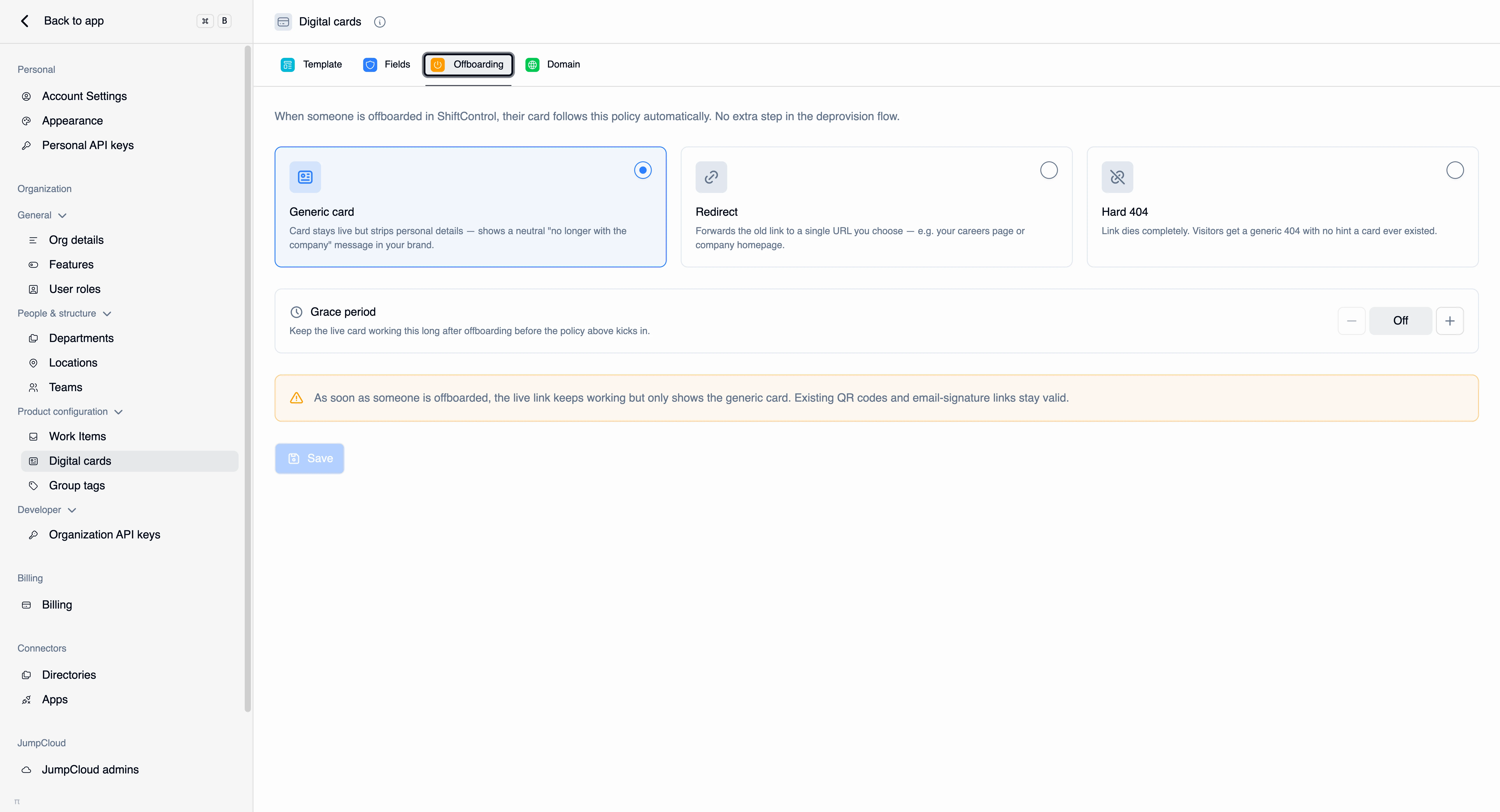 The Offboarding tab with the Generic card, Redirect, and Hard 404 options and the grace period control
