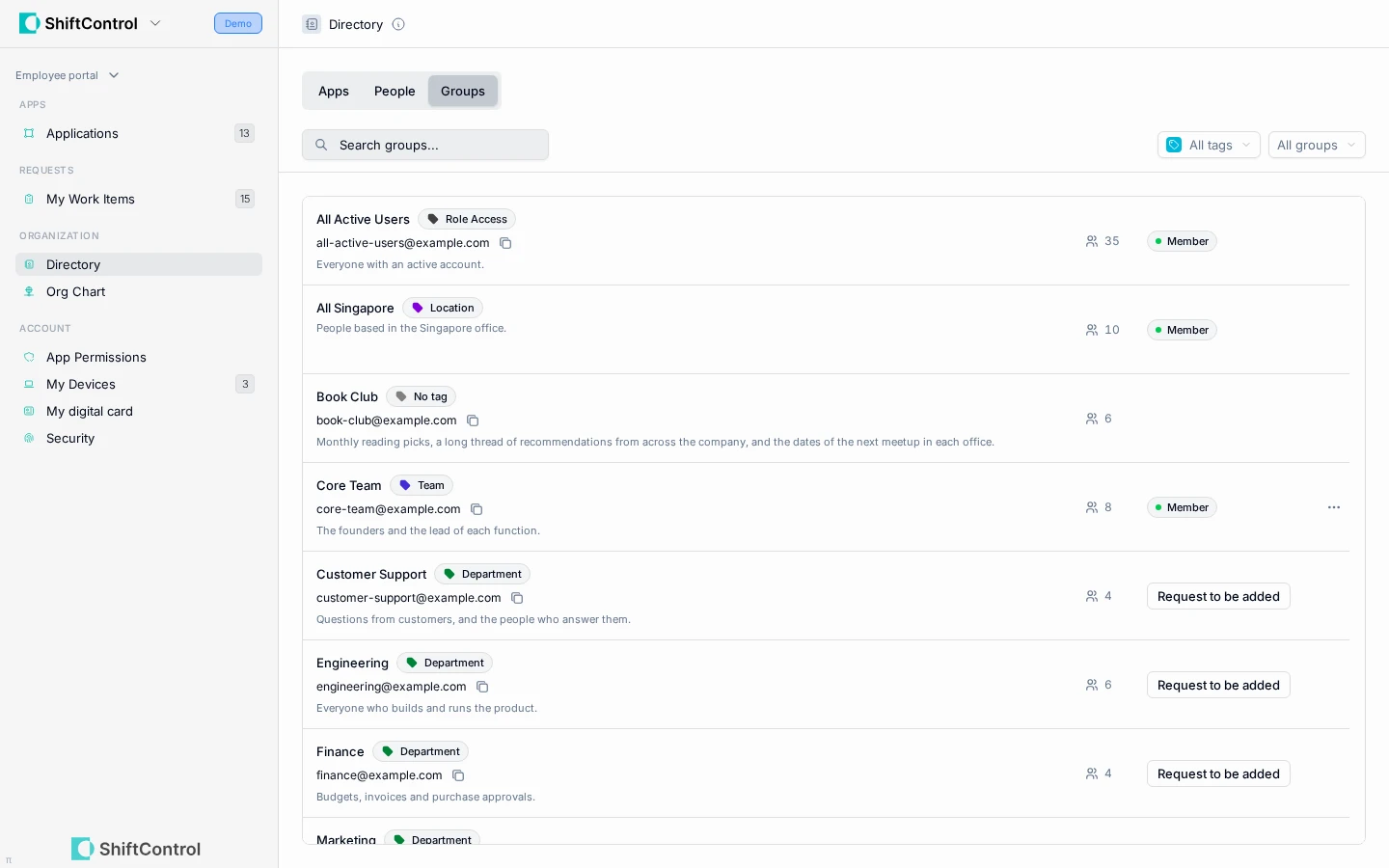Directory Groups tab with group tags, the All groups filter, and membership actions