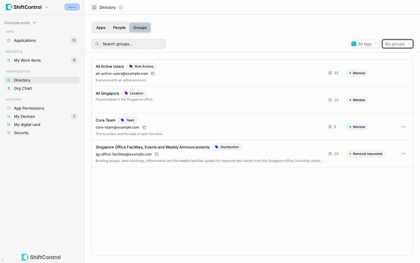 Directory Groups tab filtered to My groups, showing only groups the employee belongs to