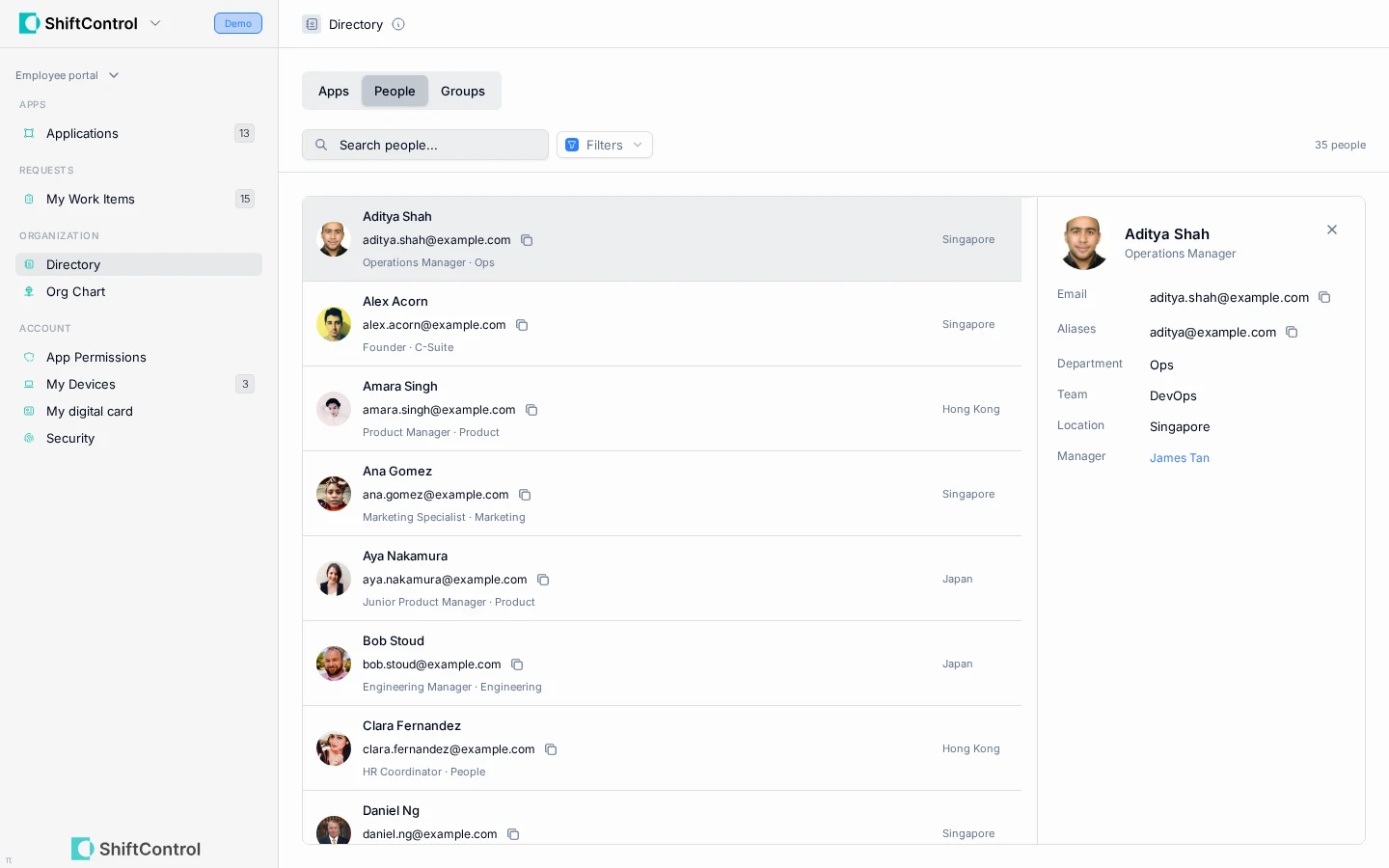 Aditya Shah's directory profile with contact and reporting details