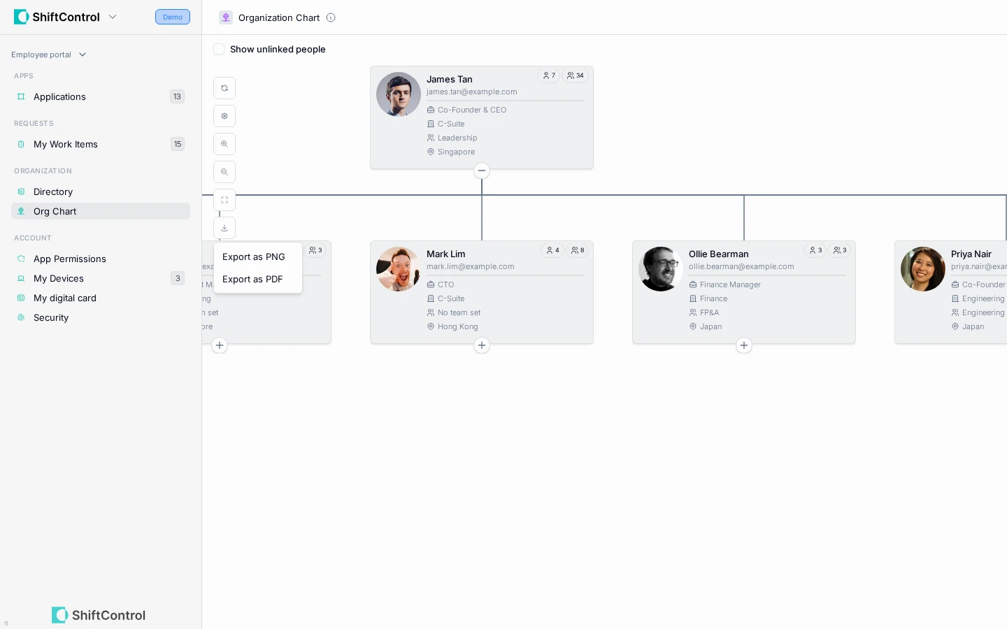 Org chart Export menu with PNG and PDF options