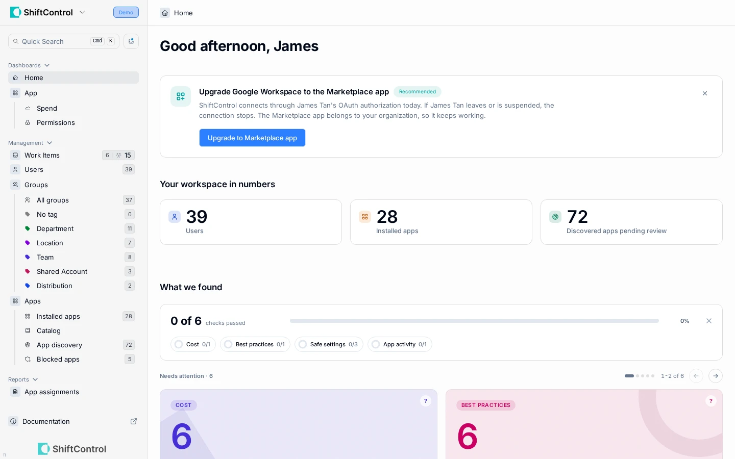 The Hub card recommending the upgrade of Google Workspace to the Marketplace app