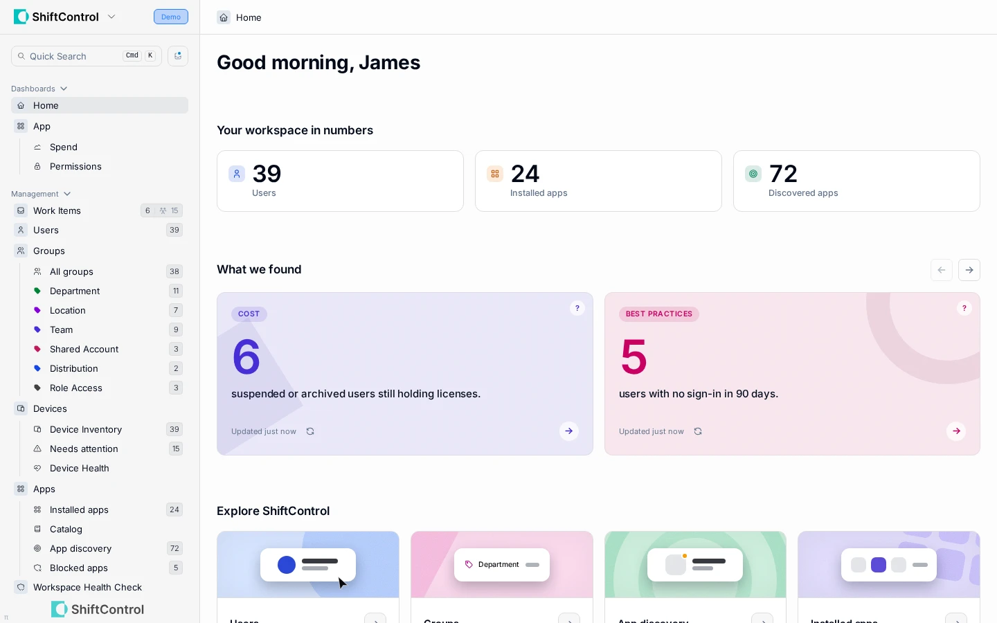 The Hub — workspace counts, findings, and doors into the product