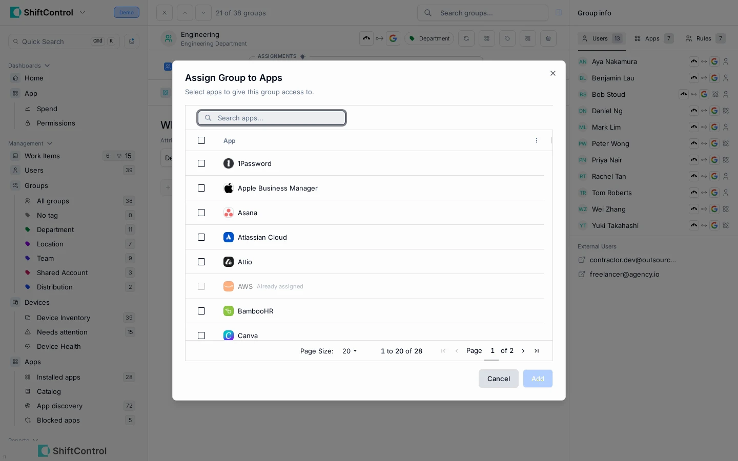 Assign Group to Apps dialog with a searchable app list and checkboxes