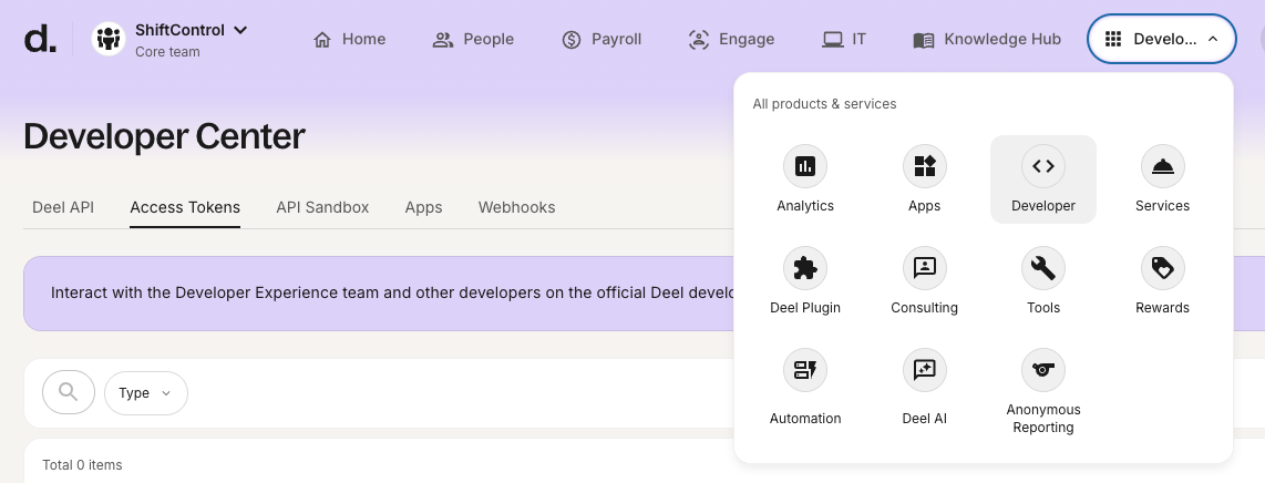Navigate to Deel Developer Center