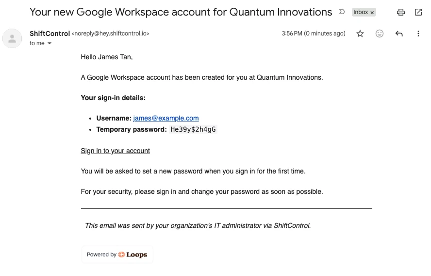 ShiftControl email with Google Workspace credentials — shows username and temporary password