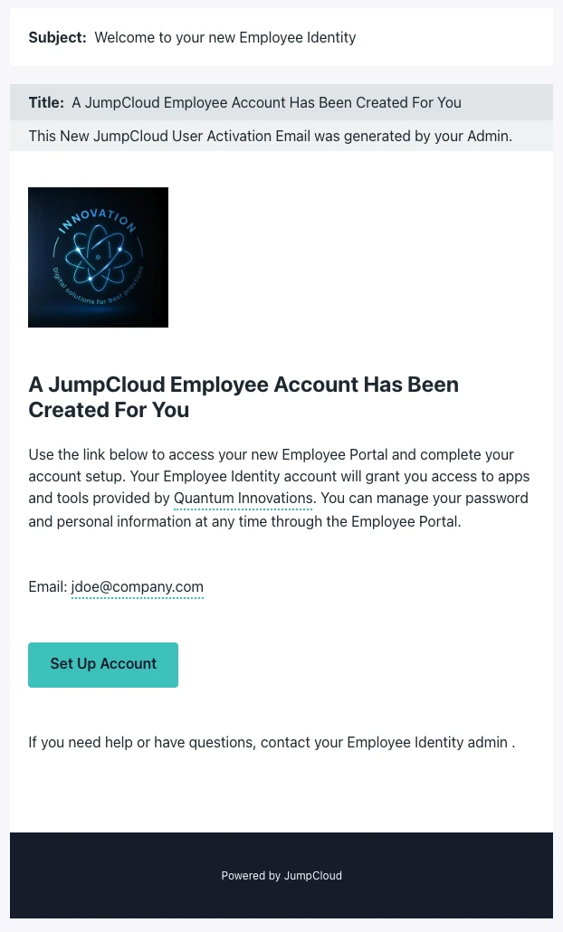 JumpCloud activation email with Set Up Account button