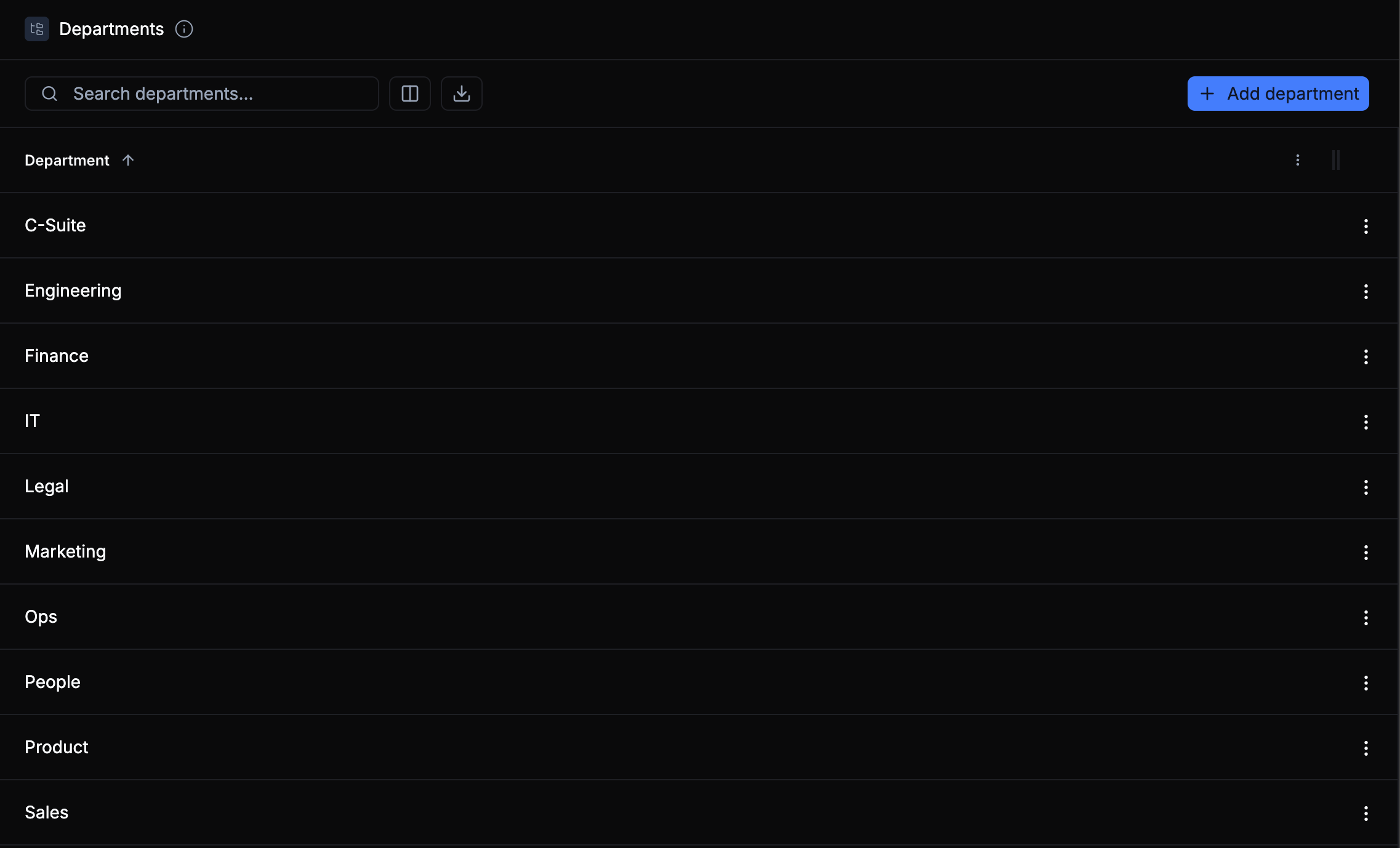 Departments list view