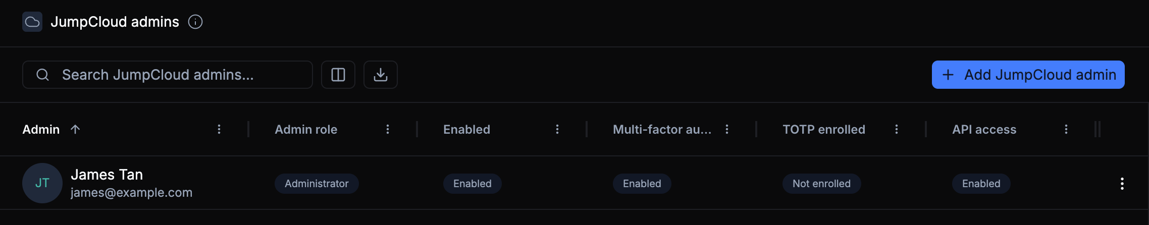 JumpCloud Admins list view