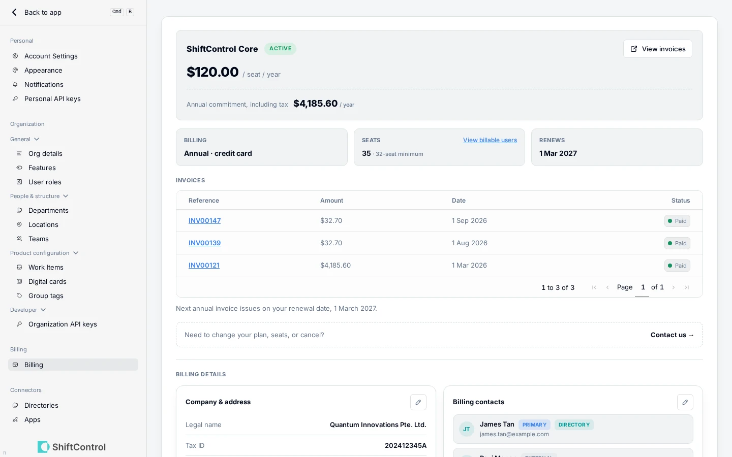 The Billing settings page showing plan, order summary, and billing details