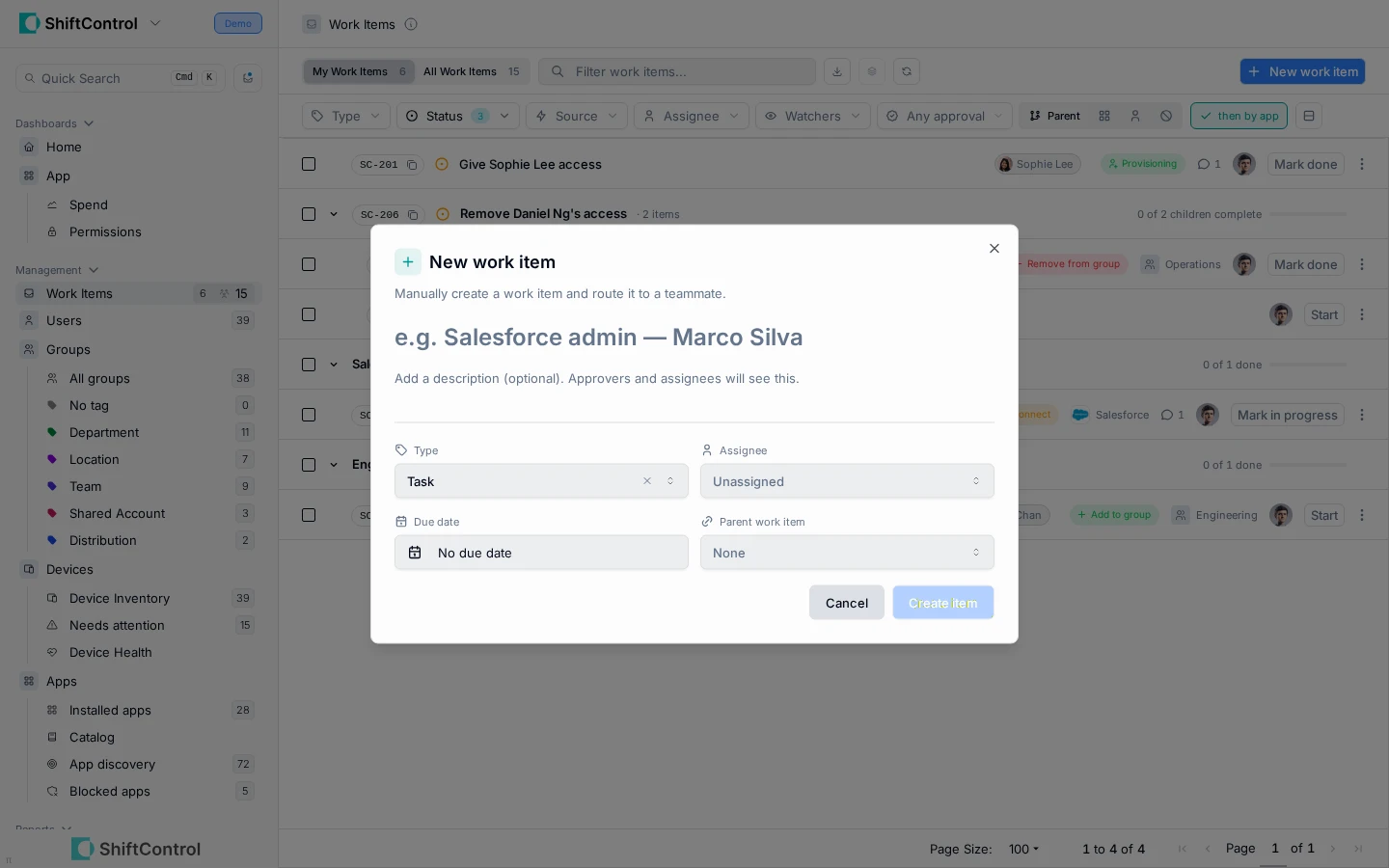 New Work Item form with type, assignee, due date, and parent fields
