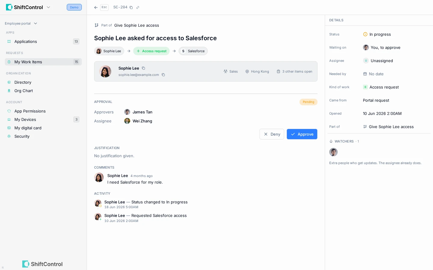 Sophie Lee's Salesforce access request awaiting James Tan's approval