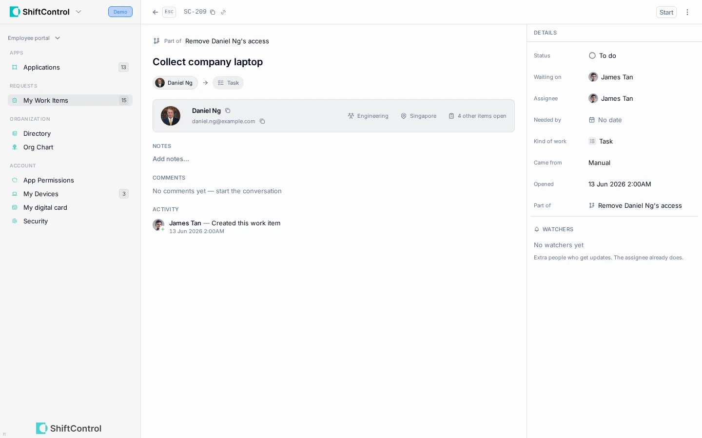 Assigned company-laptop task with its status and Start action