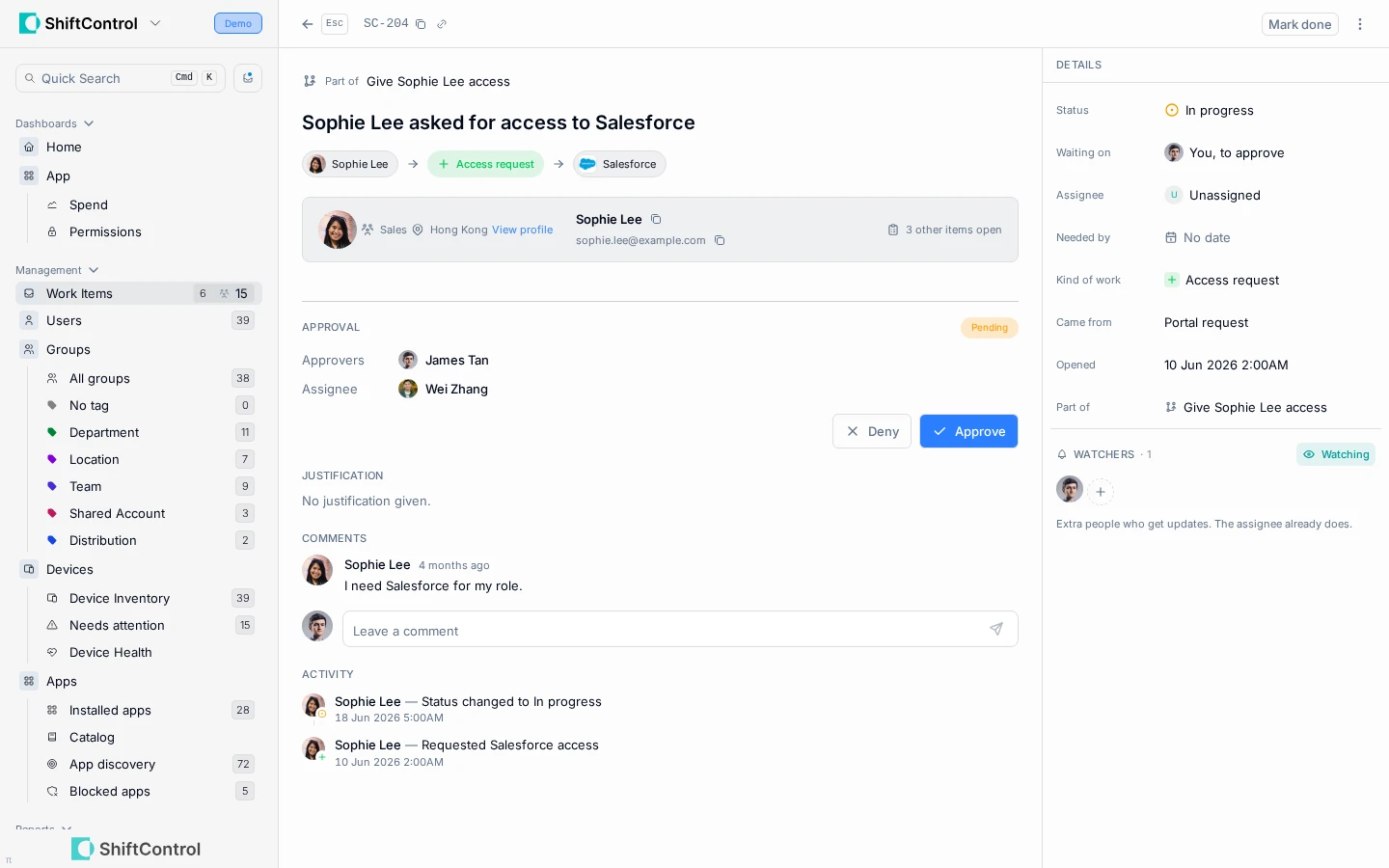 Pending Salesforce access request with Approve and Deny actions