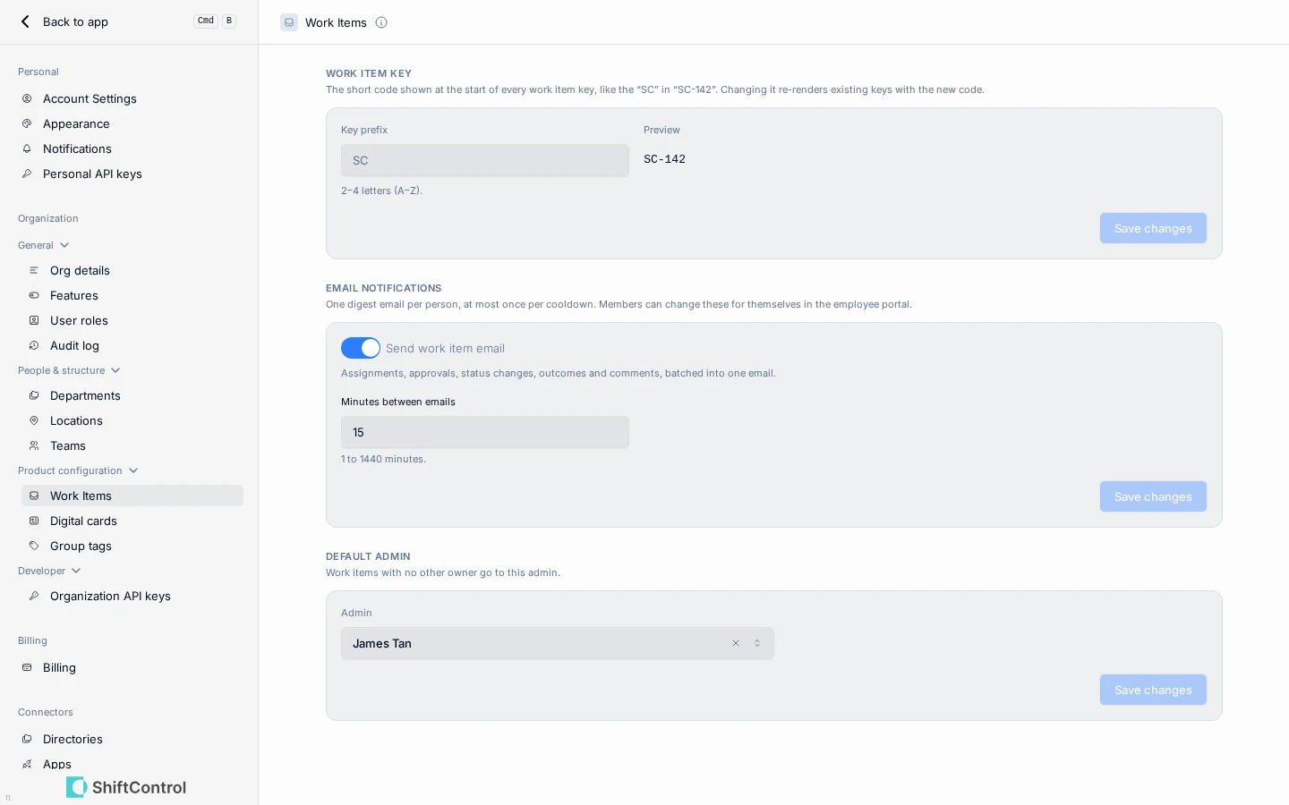 Organization Work Items settings with email notifications and default admin