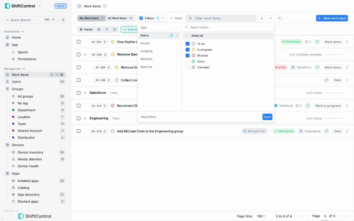 Work Items Filters menu open on the Status category